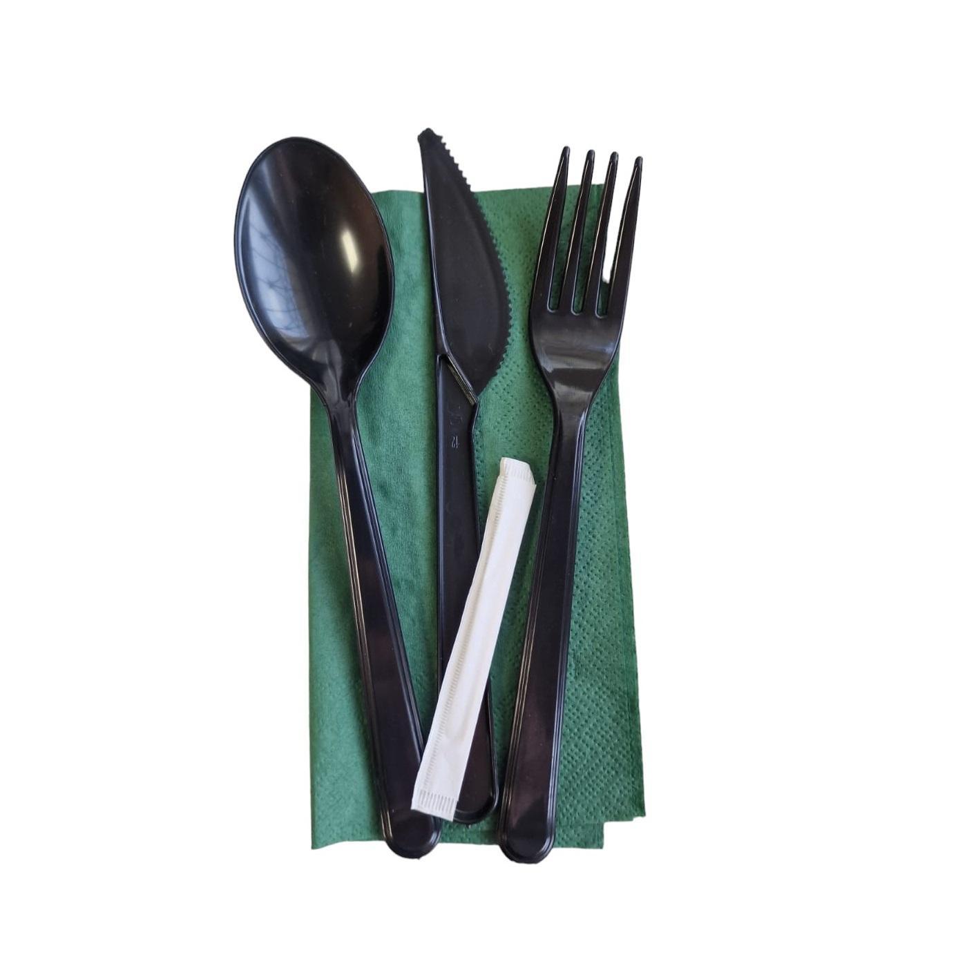 Ланч - набор  5/1 Вилка/Ложка/Нож черные Премиум/Салфетка зеленая/Зубочистка