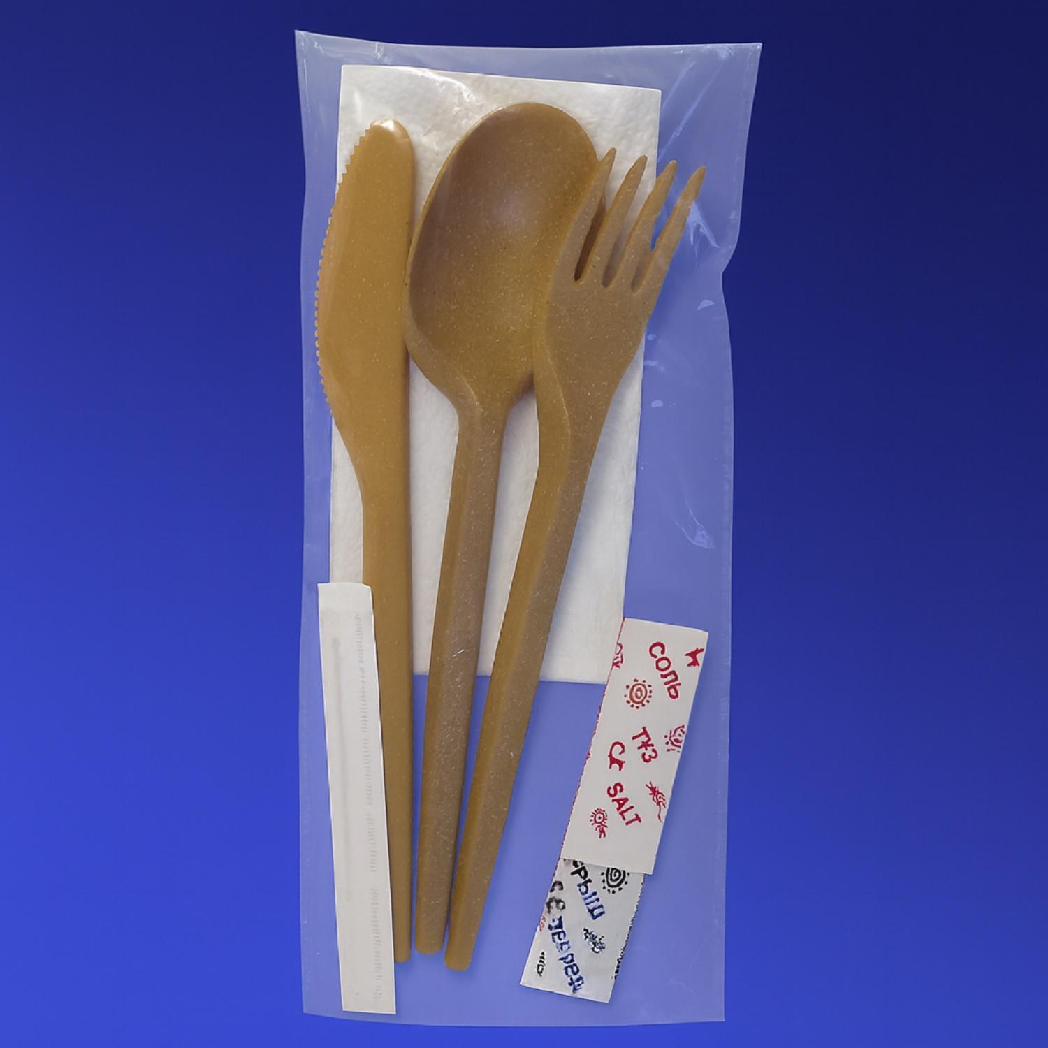 Ланч - набор  7/1 Вилка/ Ложка/ Нож из древ волокна/ Зубочистка/ Соль/ Перец/ Салфетка