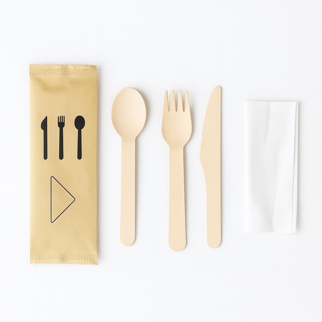 Ланч - набор  4/1 Вилка/ Ложка/ Нож из дерева/ Салфетка в бумажной упаковке