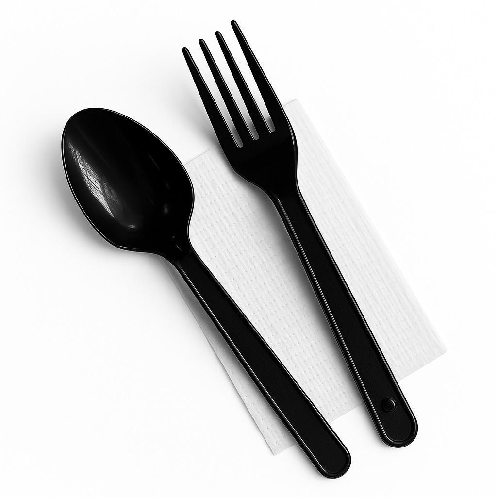 Ланч - набор  3/1 Вилка/Ложка Премиум 18см черн/салфетка