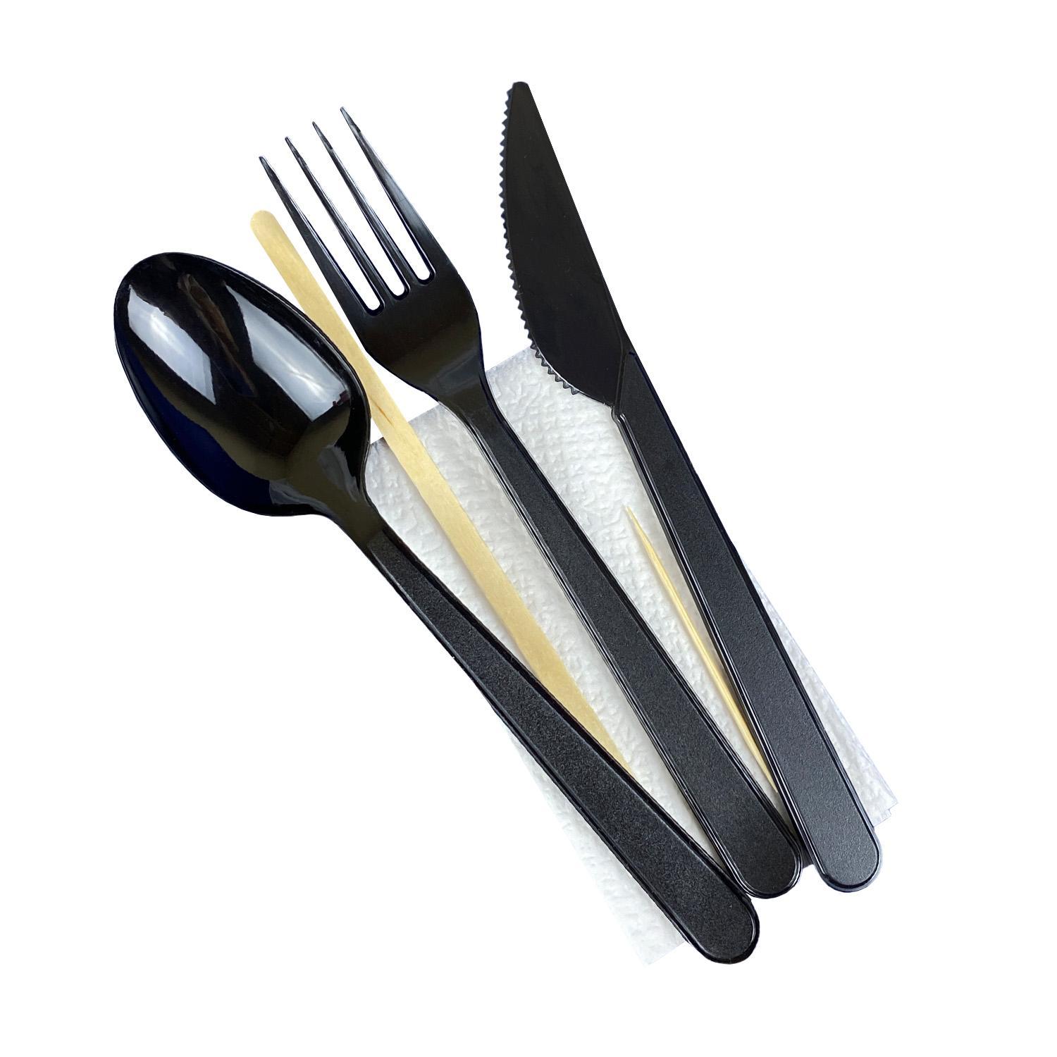 Ланч - набор  6/1 Вилка/ Ложка/ Нож черные Премиум/ Зубочистка/ Размешиватель/ Салфетка