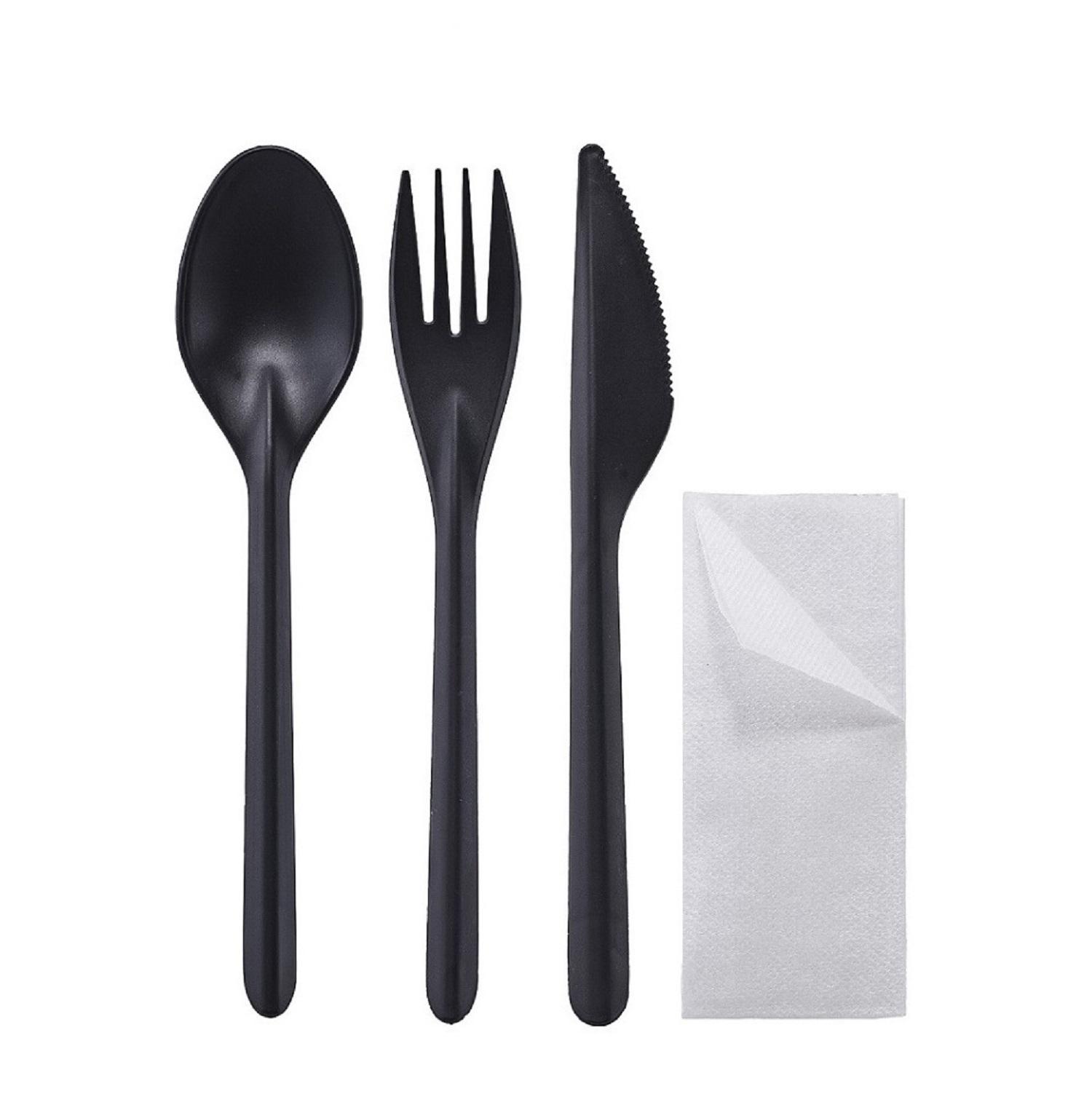 Ланч - набор  4/1 Вилка/ Ложка/ Нож черн ECO PP/ Салфетка