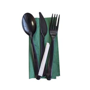 Ланч - набор  5/1 Вилка/Ложка/Нож черные Премиум/Салфетка зеленая/Зубочистка