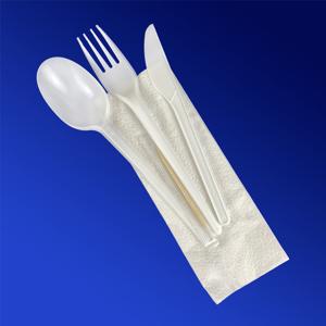 Ланч - набор  5/1 Вилка/ Ложка/ Нож белые эконом/ Зубочистка/ Салфетка