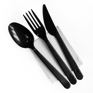 Ланч - набор  4/1 Вилка/ Ложка/ Нож черные Премиум/ Салфетка