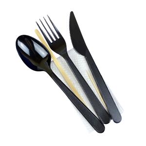Ланч - набор  6/1 Вилка/ Ложка/ Нож черные Премиум/ Зубочистка/ Размешиватель/ Салфетка